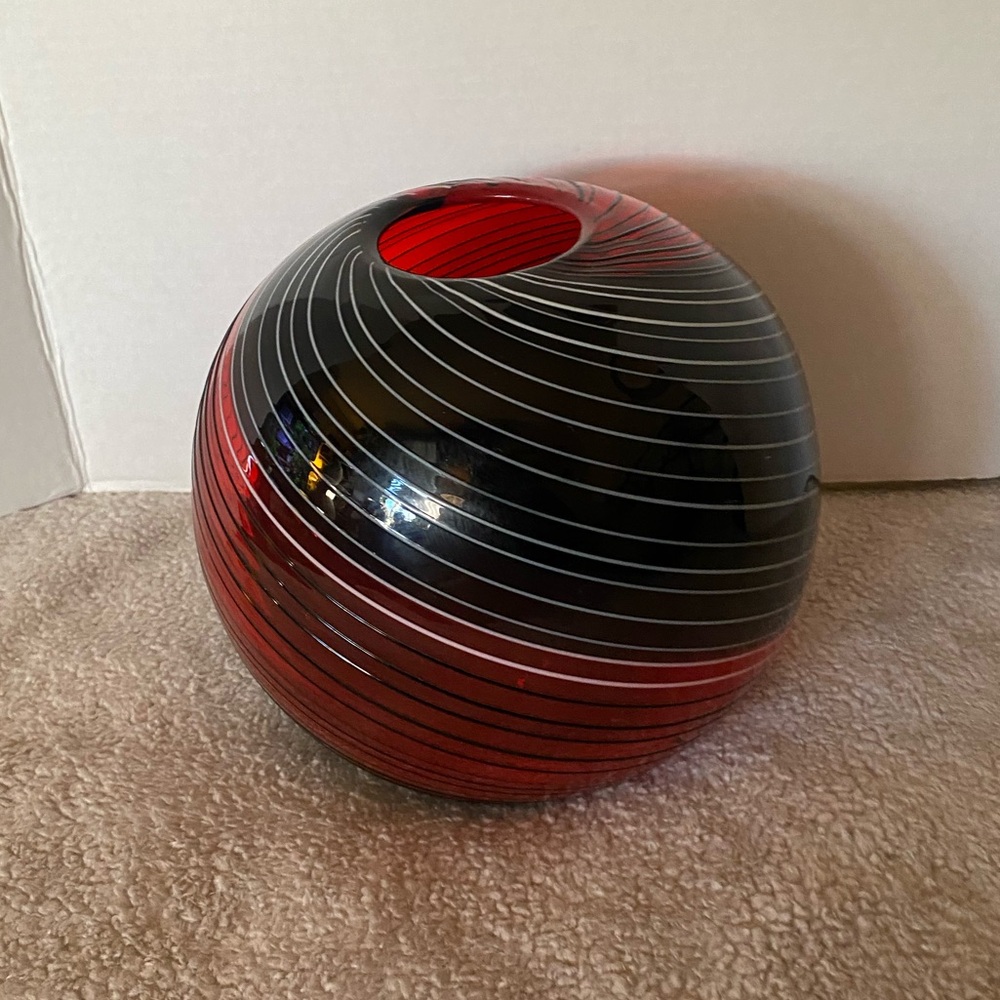 Hand Blown Modern Red and Black Glass Vase, swirls, heavy
